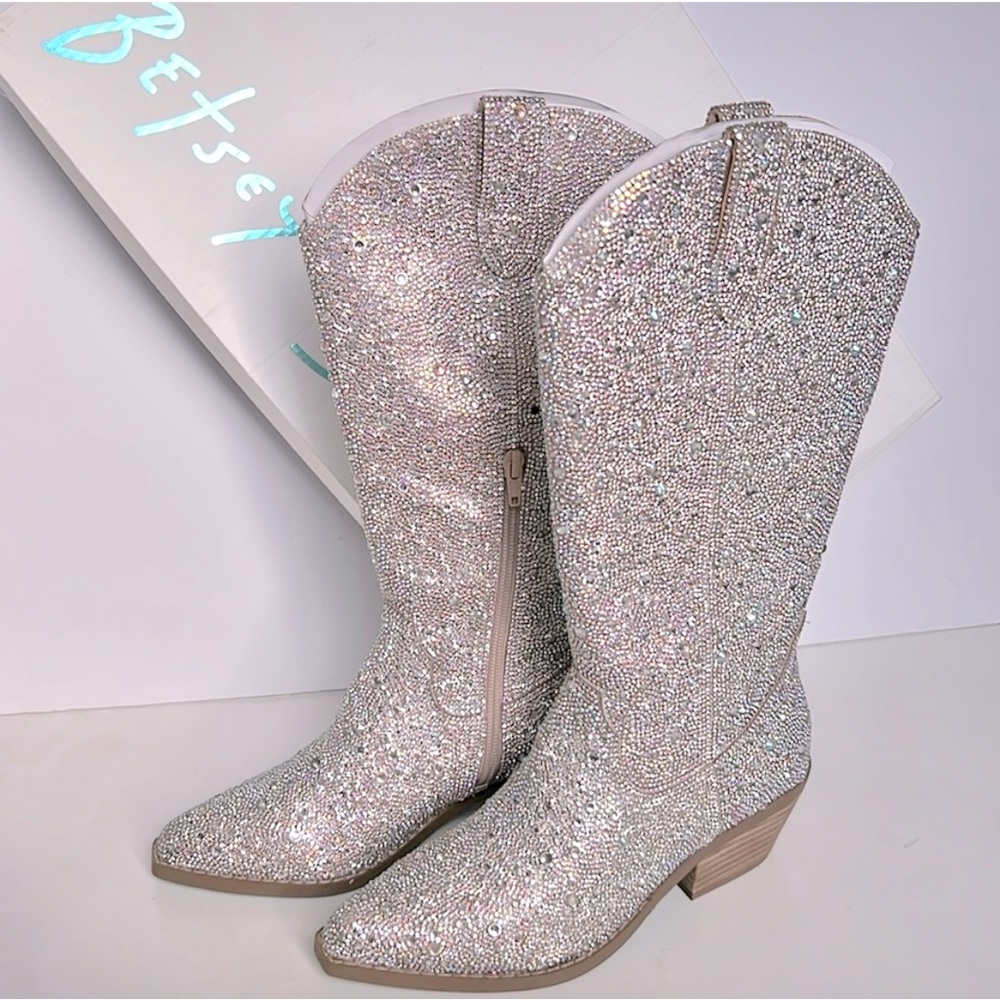 NWBox Betsey Johnson Silver Rhinestones half Zip Boots, size 6 - Picture 2 of 11